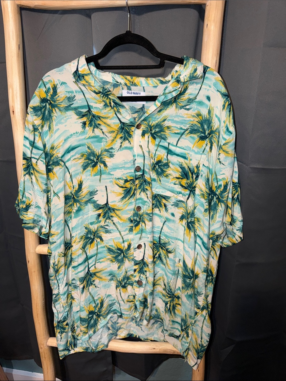 Old Navy Palm-Print Button Front Blouse - Teal, Yellow & White